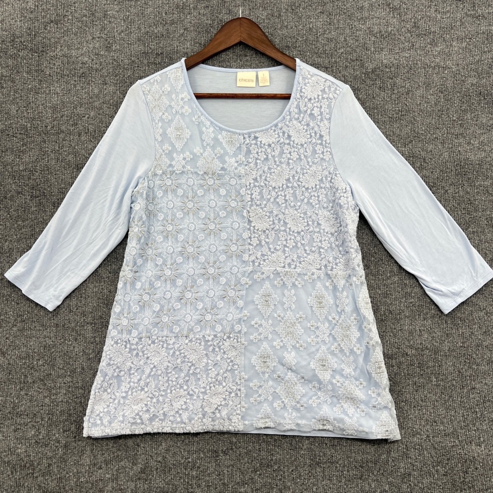 Chico's Lace Mesh Front Top Womens Size 1 M Light Blue Ethereal Romantic Boho